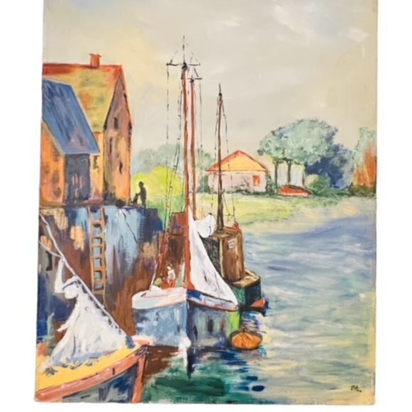 🎉PRICE REDUCED🎉 Nautical SAILBOATS AT DOCK Canvas Painting‎ 1974 Signed 20x16 - Picture 15 of 16